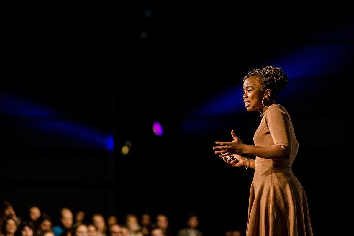 Zinhle Essamuah, a host and correspondent for NowThis, gives a presentation on how their platform is engaging with new audiences.